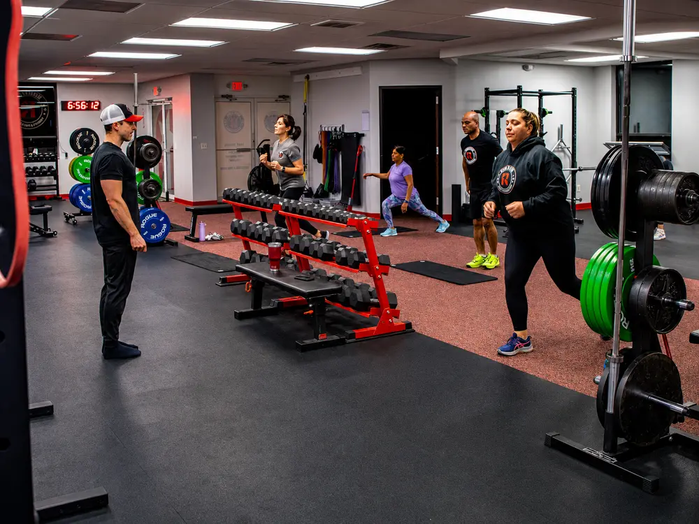 Coach guiding a small group personal training session